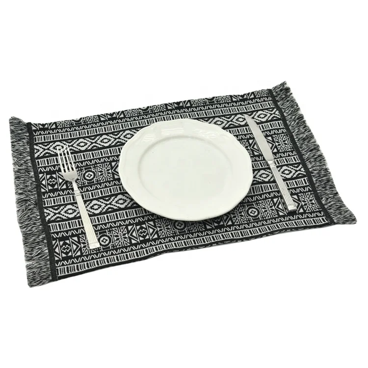 
Wholesale home textile fringes black placemats printed woven fabric table mat placemat dining mat plate mat 