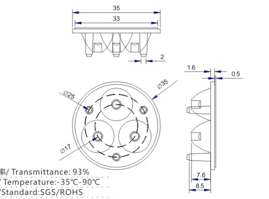 Diameter 35mm Muti-Angle 3/4/5/7 LED Lens For Spot Light Down Light