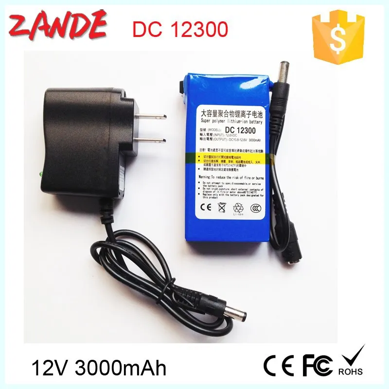 Super dc-12300 rechargeable lithium battery 12v 3000mah for security cctv and LED with power supply welcome OEM