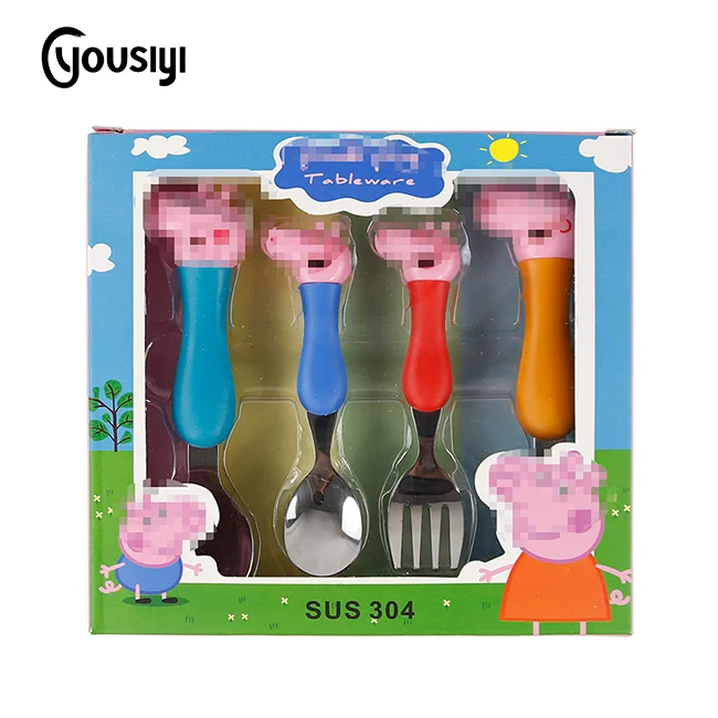 
pink pig Easy Grip Tableware Fork Spoon cutlery Set,Stainless Steel flatware for Children with PP handle 