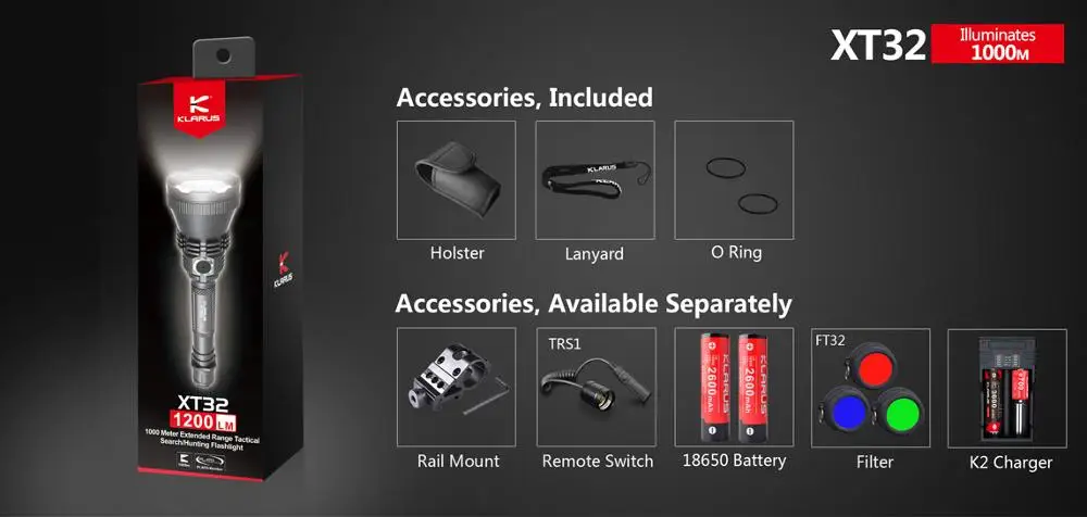 Klarus XT32 LED Flashlight XP-L HI V3 1200lm Beam Distance 1000 meters Tactical Flashlight for Hunting, hiking, Camp