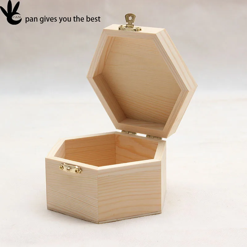 New design hexagonal unpainted luxury pine wooden pen box with lid