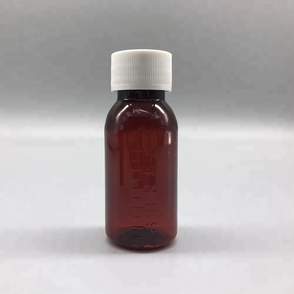 Medical Packaging 60ml amber plastic cough syrup bottle with striped cap