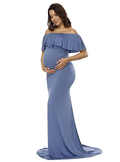 Denim Blue Maternity off Shoulder Long Sleeve Chiffon Gown Split Front Maxi Pregnancy Photography Dress for Photoshoot