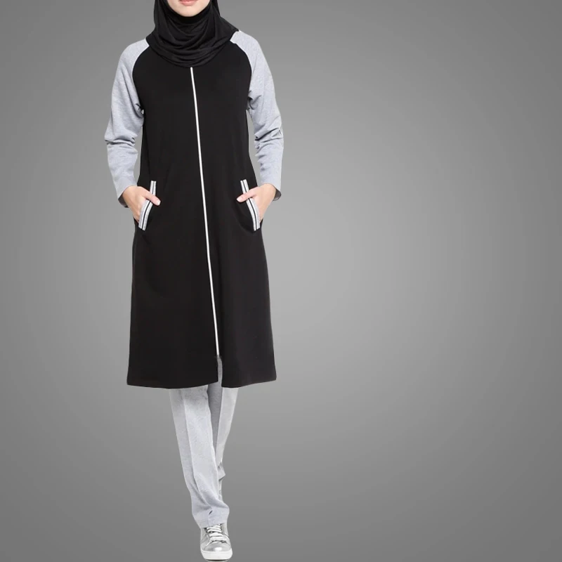 
Latest Muslim Sport Wear Fashion Black And Grey Stitching Color Arab Islamic Clothing Loose Breathable Fabric Tracksuits 