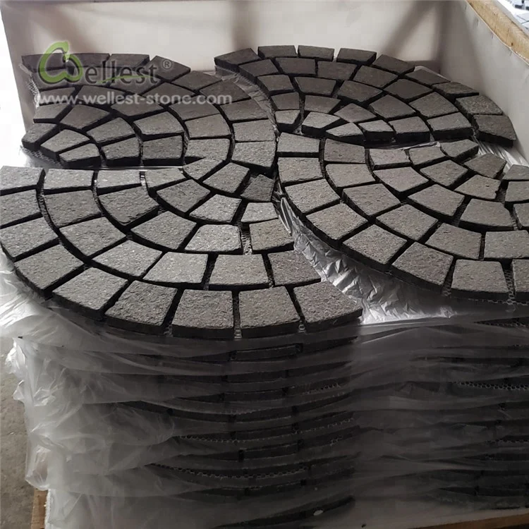 g684 fan shape black granite black basalt cobble on mesh for patio driveway paving