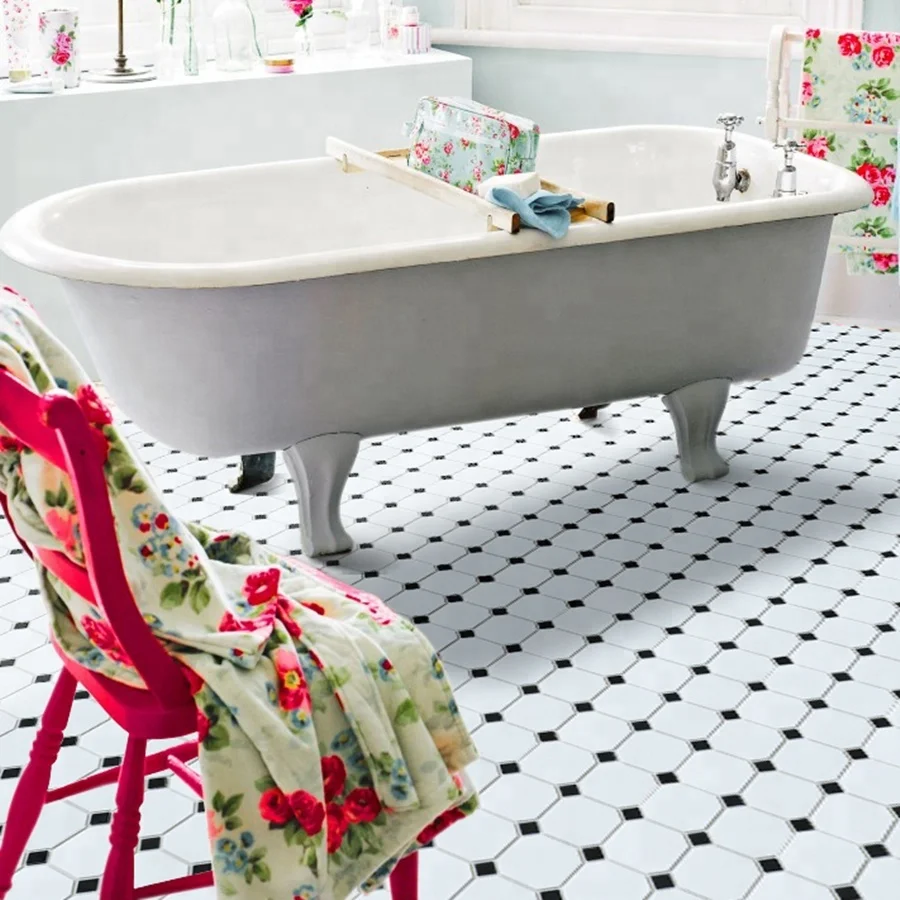 In stock 4' white mix black dot ceramic octagon mosaic floor tile for bathroom office design
