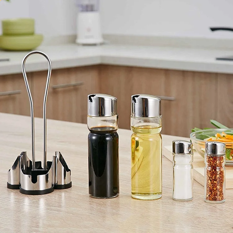 kitchen stainless steel stand glass cruet condiment set salt pepper shaker oil and vinegar dispenser