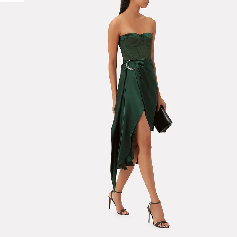 women sweet heart-neckline Strapless Bustier Asymmetric DressStrapless Corset styling boning Front slit sleeveless party dress