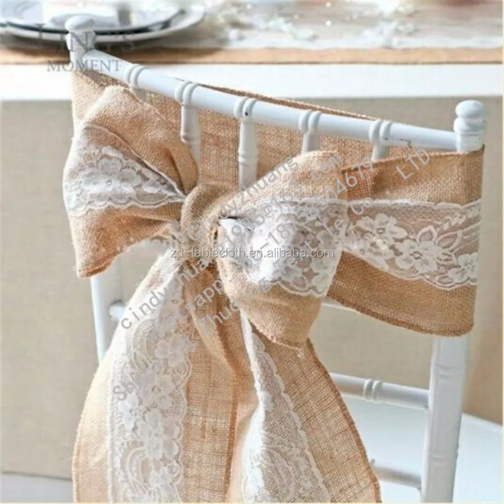 
Elegant natural jute hessian wedding lace sashes for chairs 