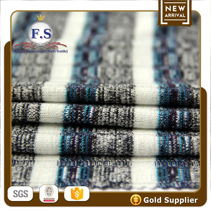 30.5/66.5/3 Rayon/Poly/Spandex blue melange white striped with slub ribbing fabric for sweater