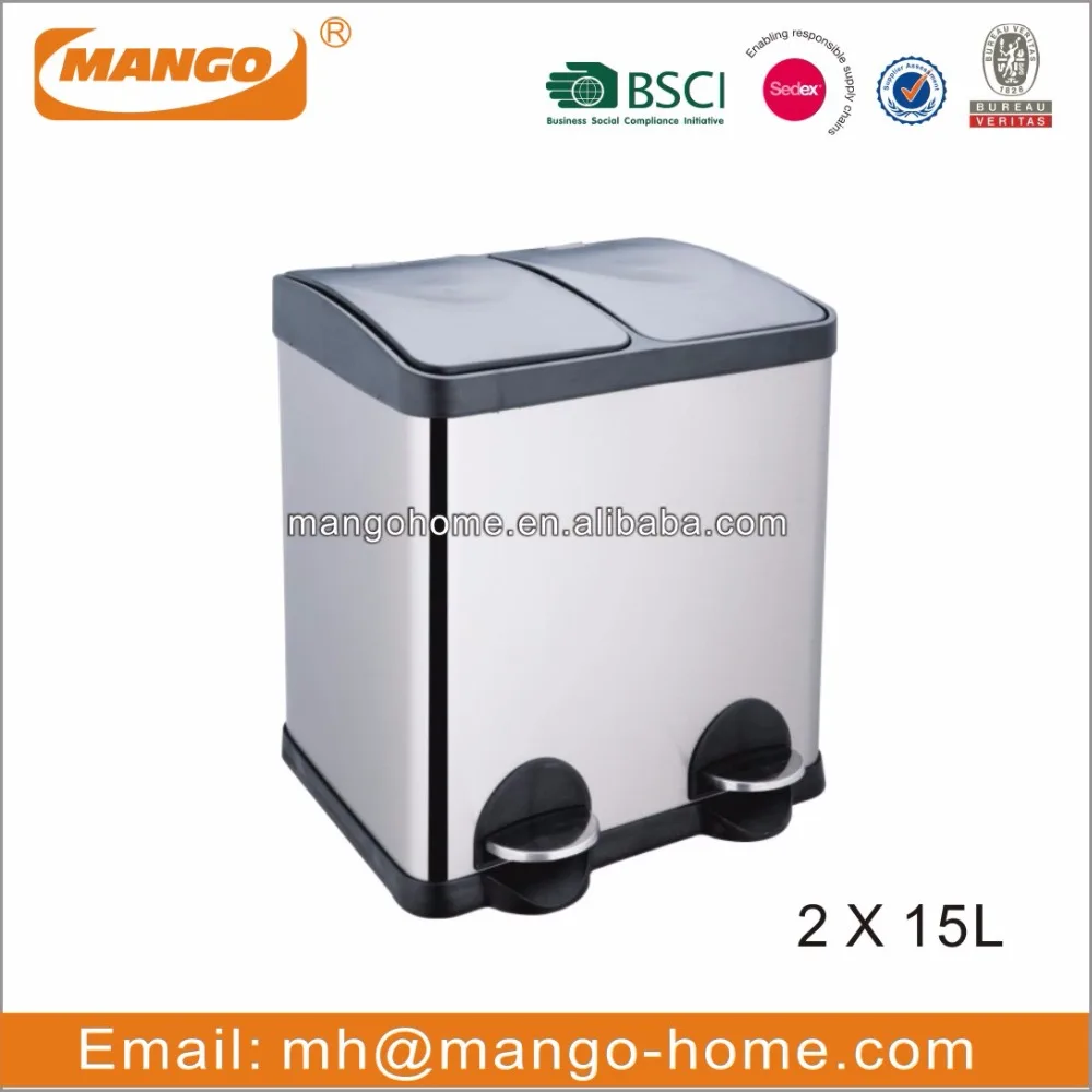 60L Rectangular Stainless Steel 3 Compartments Recycle Bin Recycle Waste Bin Trash Can Dust Bin
