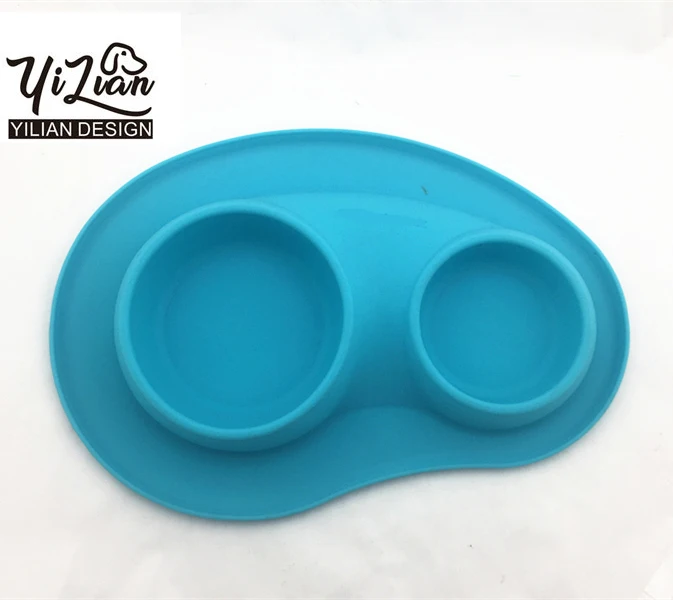 Stainless steel dog bowls with mat silicone, 2 in 1 double dog food silver bowl metal dog bowl stainless steel