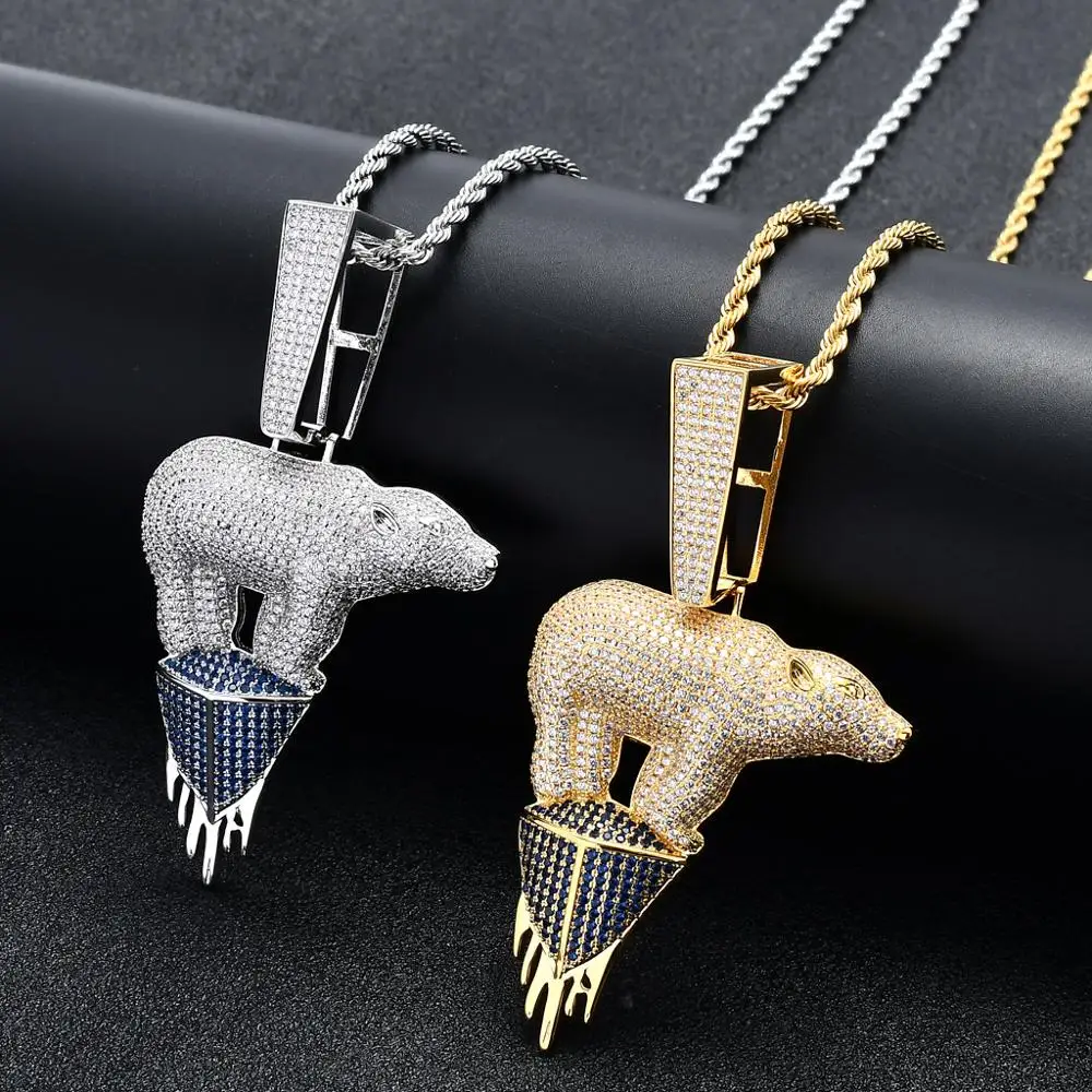 Hot Sale Iced Out CZ Stone 18K Gold Plated Polar Bear Pendants With big Clasp
