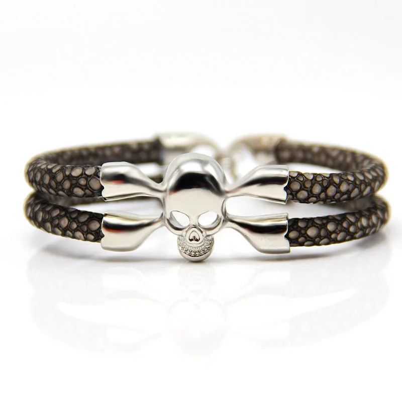Wholesale Punk Cool Genuine Lovely Leather Skull Stingray Statement Bracelet African
