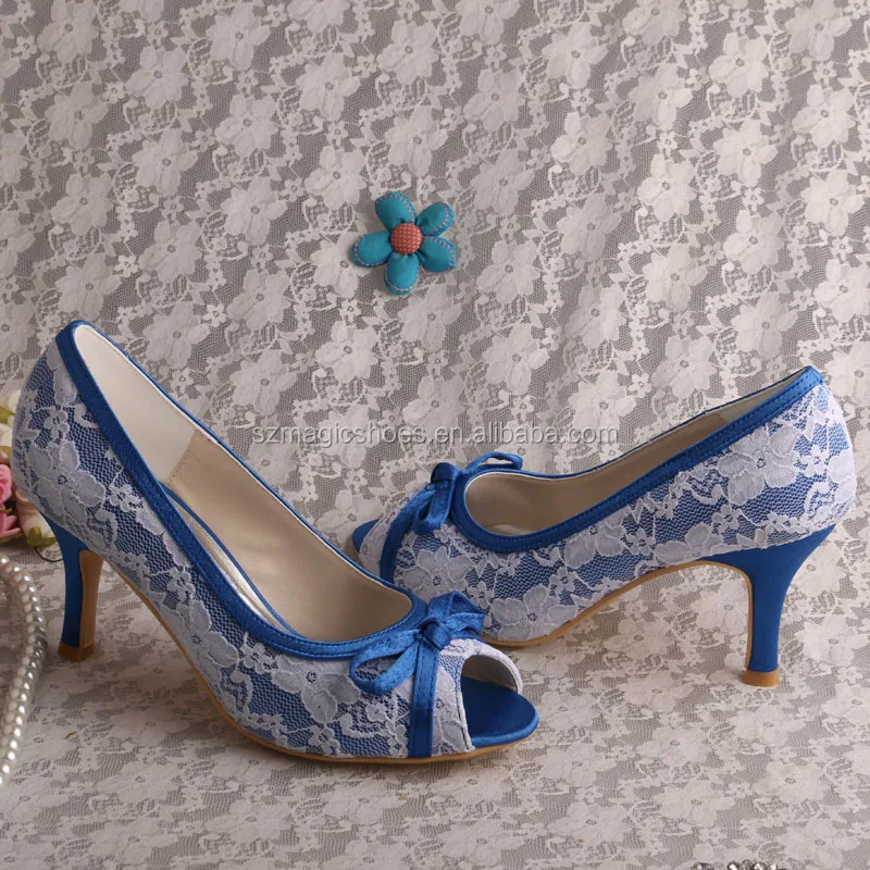 Blue Satin White Lace Party Shoes With Bows