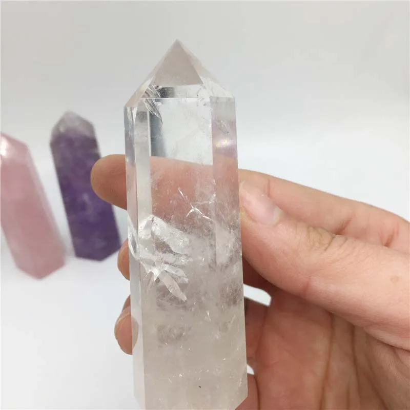 Natural clear rock quartz crystal Six edges healing points/wands/pillars with hole for crystal cup/bottle