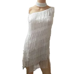 Rhinestone off-shoulder Latin Dance Dress Competition Salsa Tango Performance Festival Party Cocktail Tassel Dress