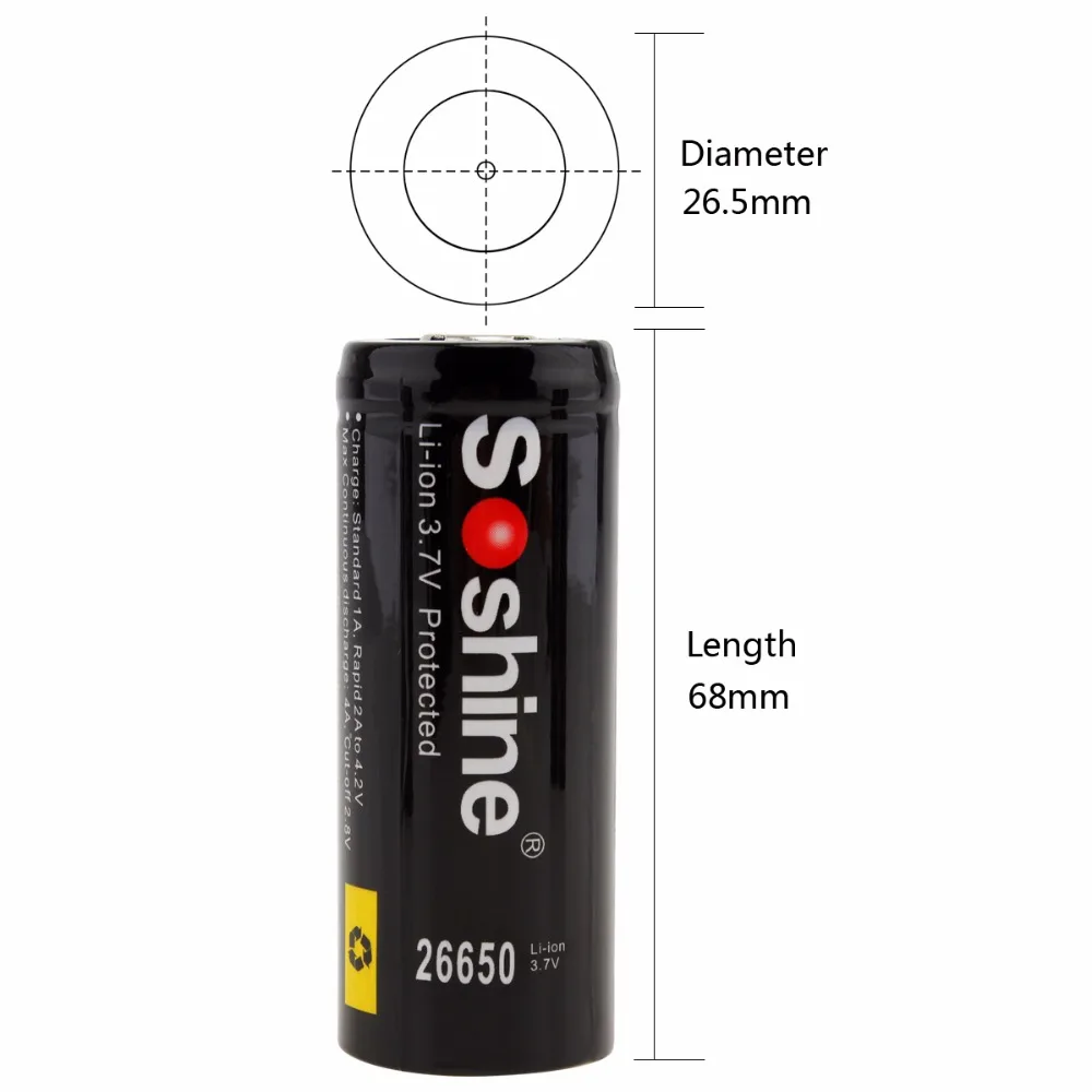2 Pcs / Lot Soshine 26650 Battery 5500mAh 3.7V 26650 Protected Rechargeable Li-ion Batteries Cell PCB 26650 Battery