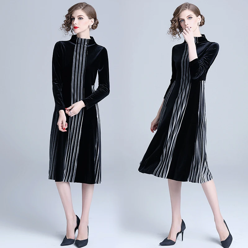 Wholesale In Stock Elegant Women Fashion Turtleneck Long Sleeve Vertical Stripes Patchwork Long Velvet Dress