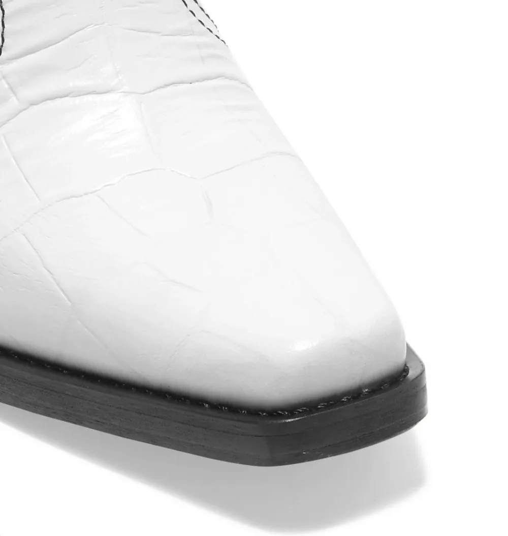 Женские ботильоны Техасские на квадратном каблуке красные лакированные полусапожки без застежек коричневые ковбойские ботинки с крокодиловым принтом среднем 2019