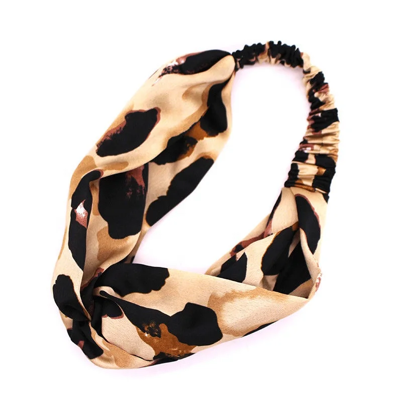 Women Turban Satin Silk Knotted Twist Leopard Printed Hair Band Wrap Elastic 1pc