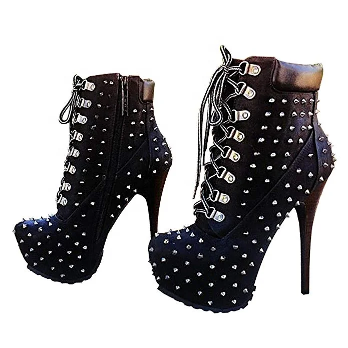 MANRINO-0451 2019 Fashion Trends Womens 14 CM High Heel Platform Studs Decor Lace Up Summer Ankle Boots For Lady