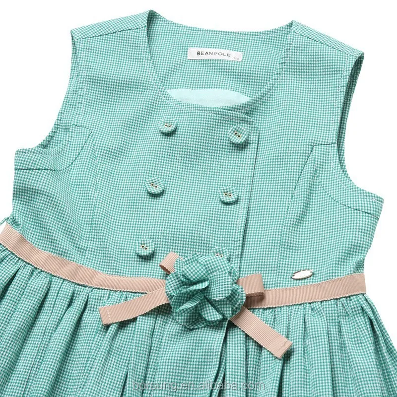 Korean Children Long Latest Frocks Designs Mint Green Plaid Teenage Girls Cotton Fashion Summer Girls Dress
