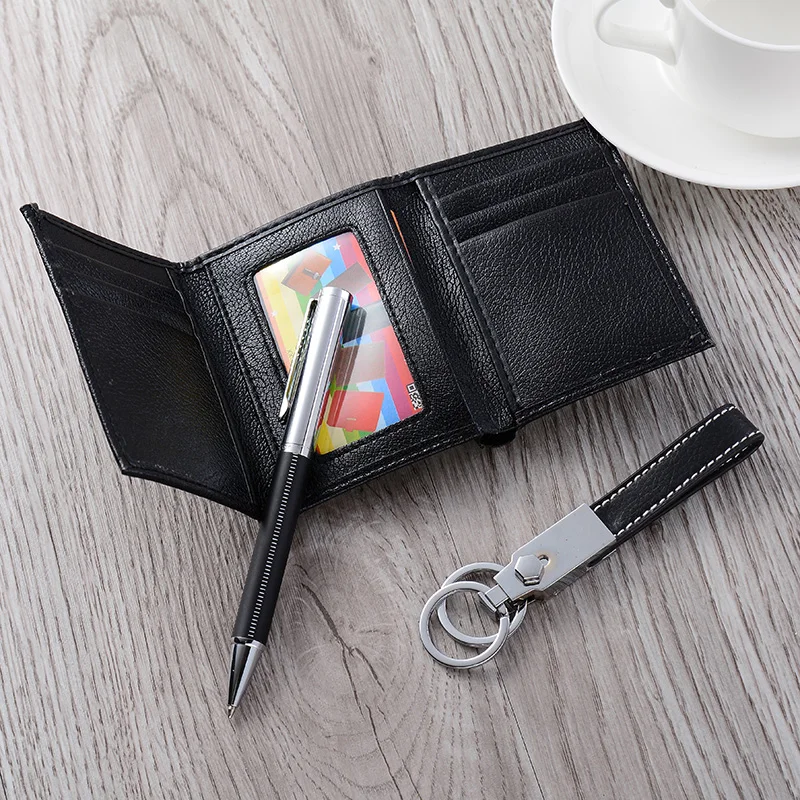 PU leather wrapped ball pen with leather keychain and wallet VIP gift set