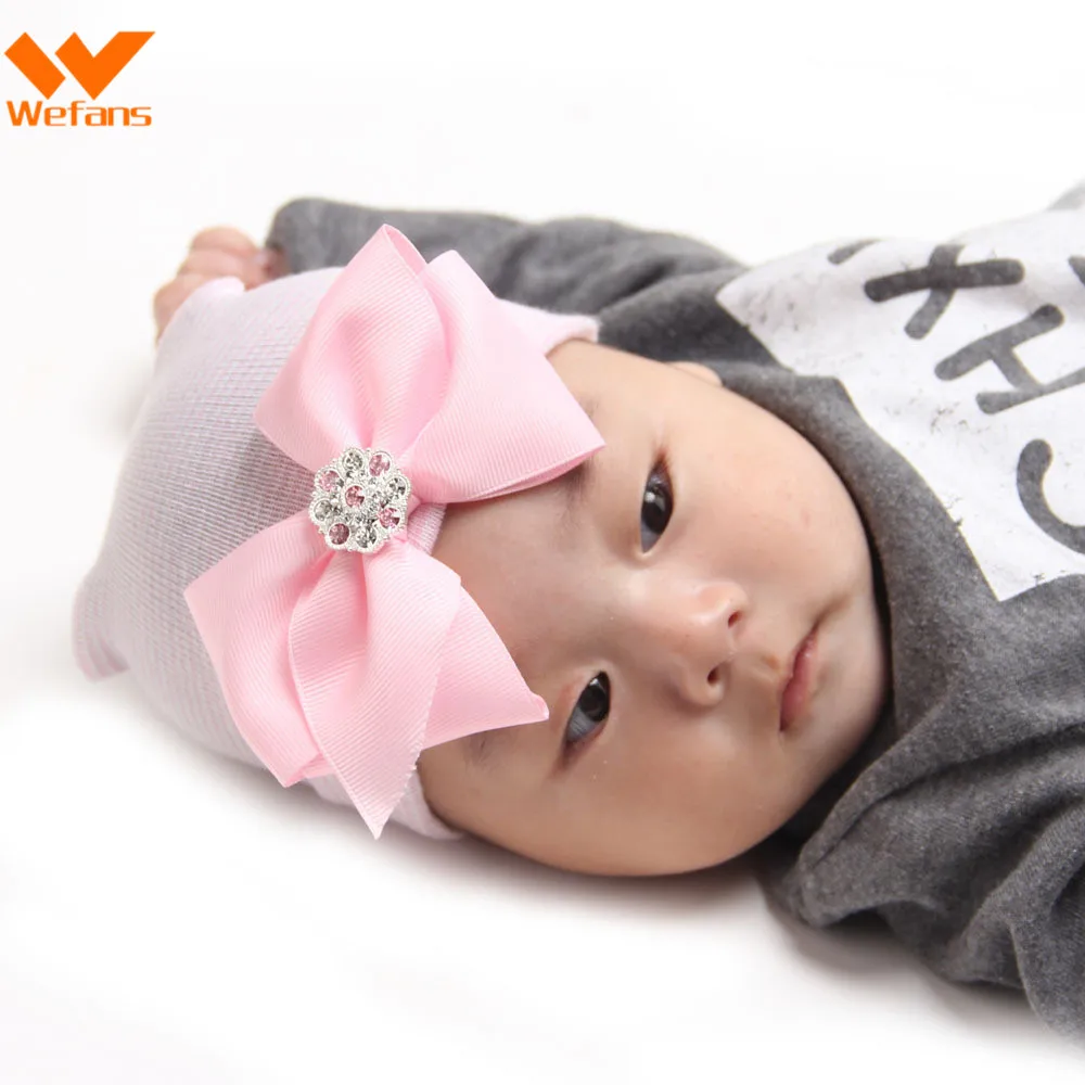 
Wefans Europe and the United States baby bow hat shiny diamond pink striped baby girl knitted hat newborn baby cap 