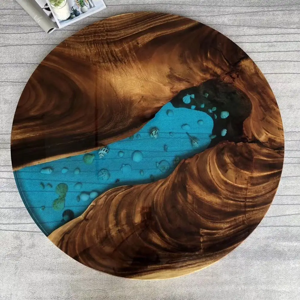 2019 JUNE EXPO modern style solid wood with beautiful blue epoxy resin river serving tray round coffee tray