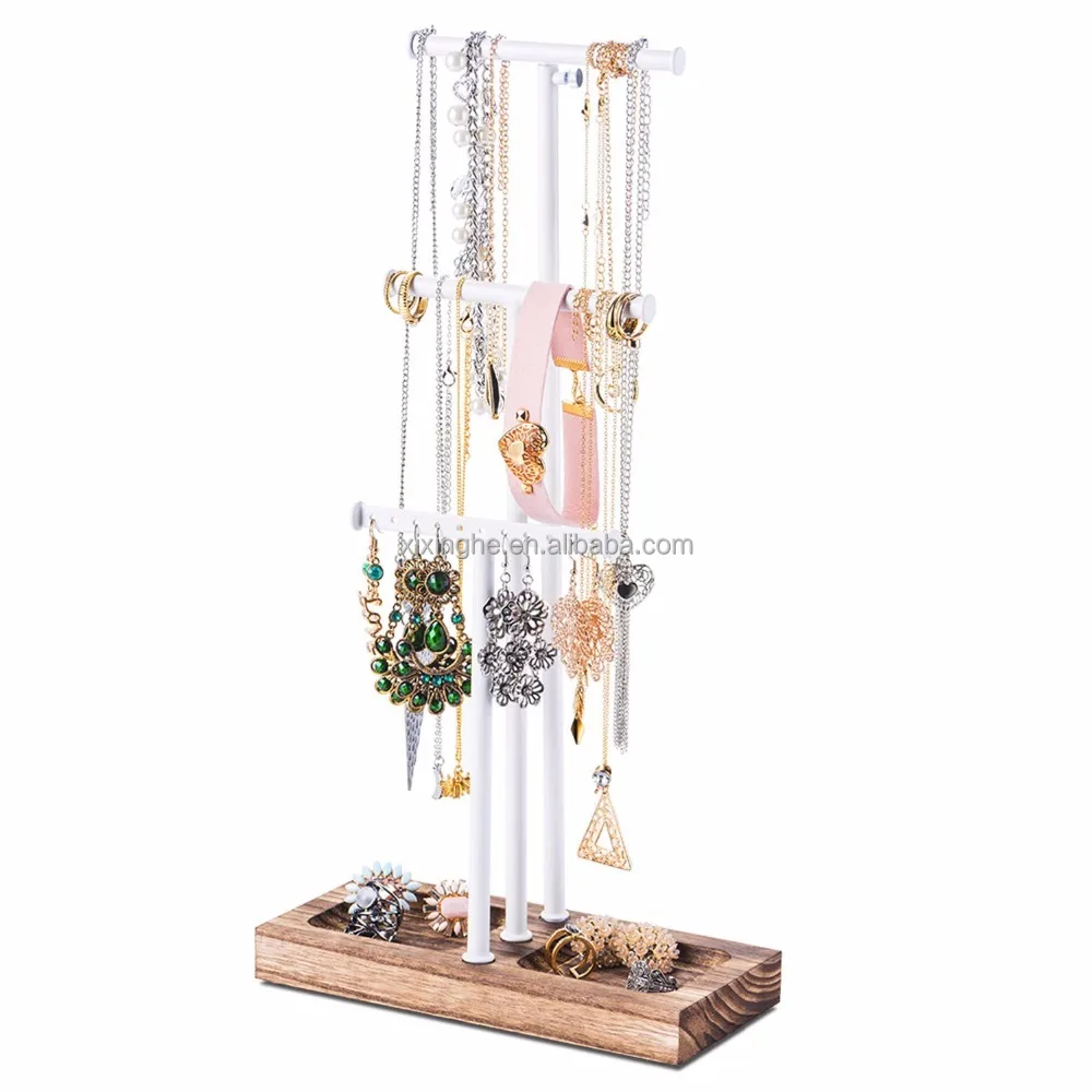 
Jewelry Tree Stand With White Metal and Wood Basic To Storage Necklaces Bracelets Earrings 