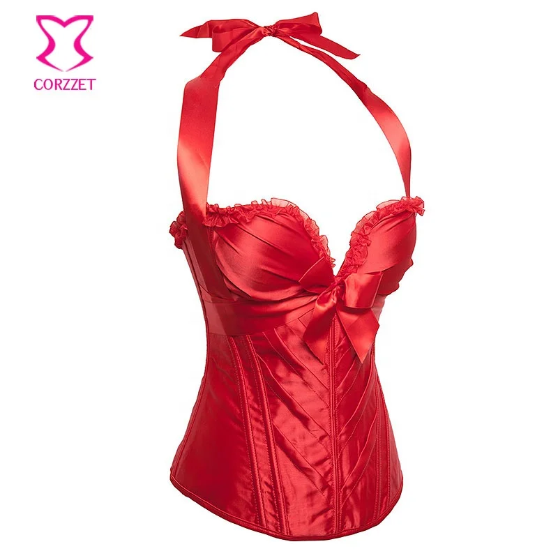 Corzzet Side Zipper Ribbon Halter Overbust Corset Top Front Bow Satin Bustier Lace Trim Bordered Women Christmas Sexy Red Outfit