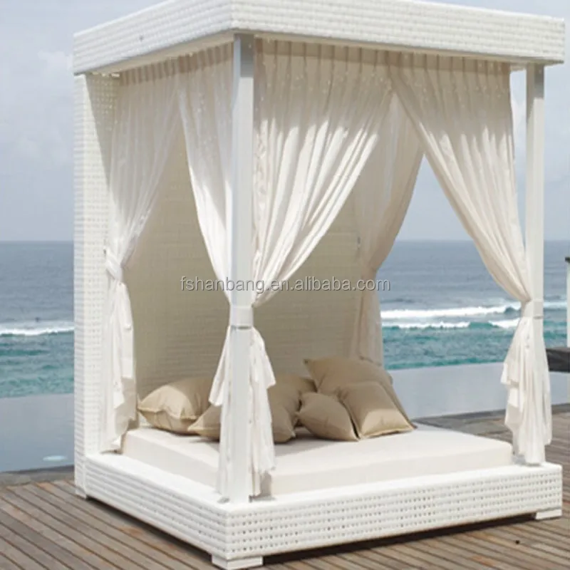 Luxury White Wicker Gazebo Canopy Outdoor Patio Furniture Bed Set