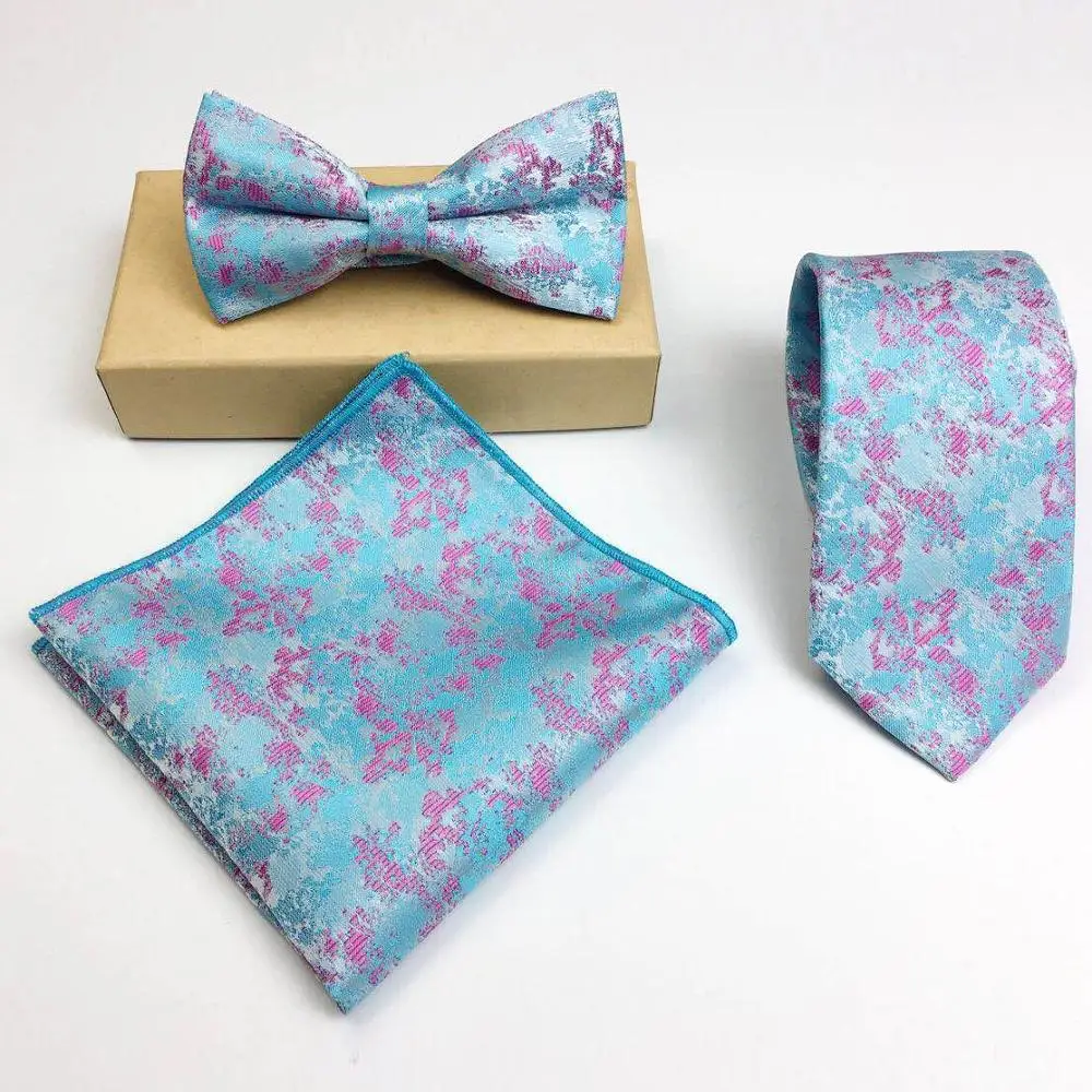 
high quality floral necktie set with bow tie and pocket square for party 