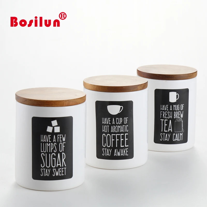 New arrival white ceramic coffee storage jars canisters with wood lid