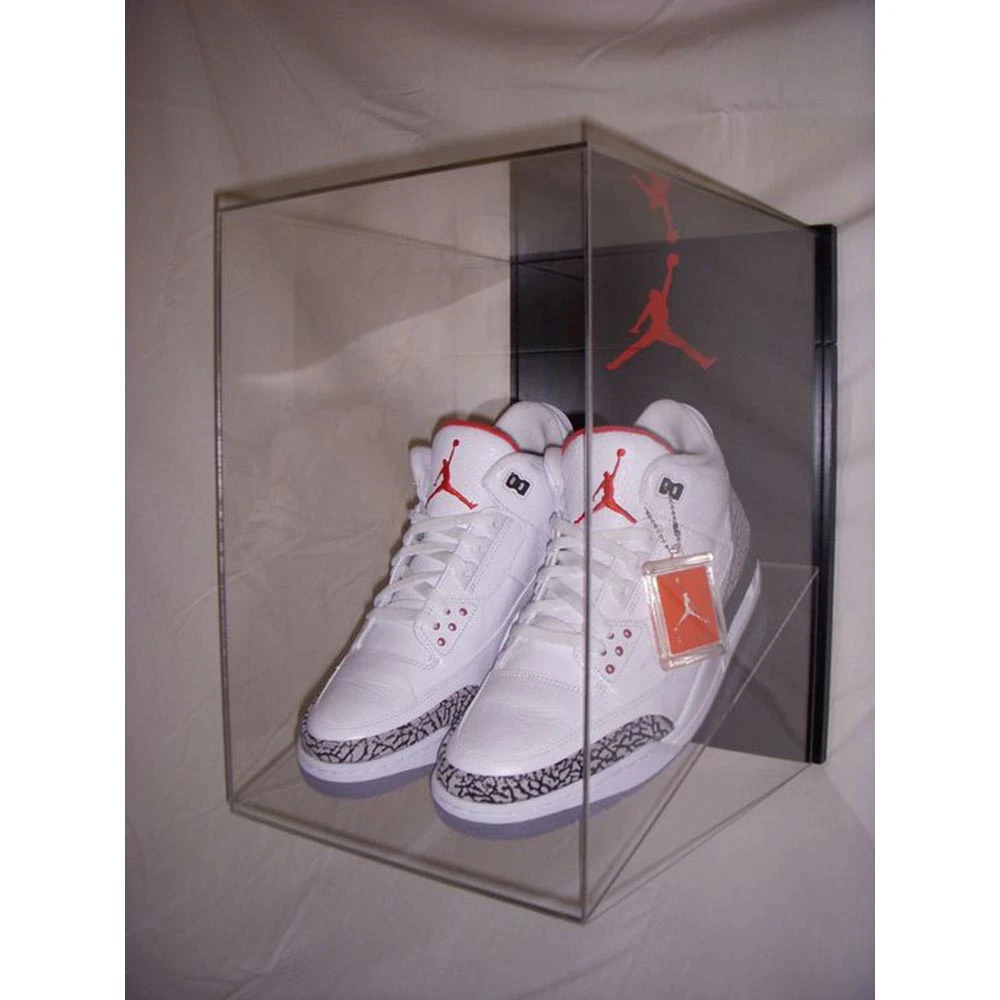 Langel uses custom badges for customization  stackable transparent acrylic storage for Nike shoe boxes