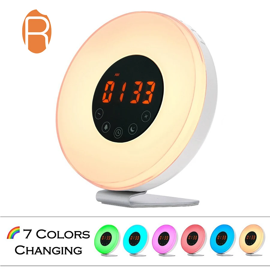 7 nature sound and snooze light led sunlight radio digital sunrise alarm clock with sunset simulation