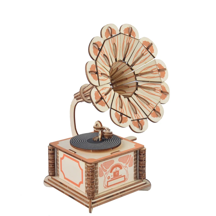 Funny Number Early Learning High Quality 3D DIY Wooden Home Decoration Craft of Phonograph