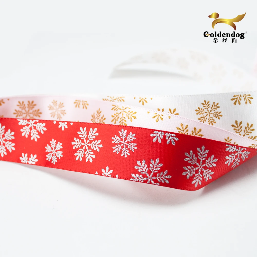 Manufacturer of single face red polyester ribbon satin christmas printed sliver and gold snow ribbon 25mm