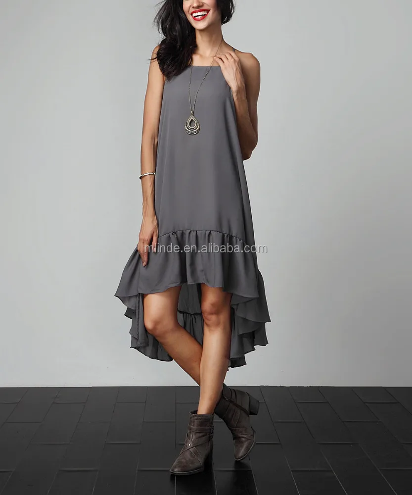 
CUSTOM Sexy Strappy Latest Korean Designs Women Gray Chiffon Ruffle-Hem Hi-Low Midi Dress for Women Party Wearing Clothing 