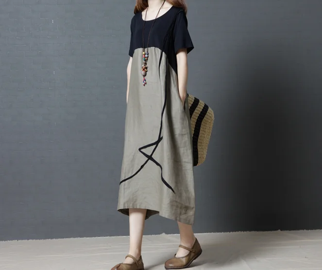 Latest western short sleeve loose long dresses summer woman fashion linen dress