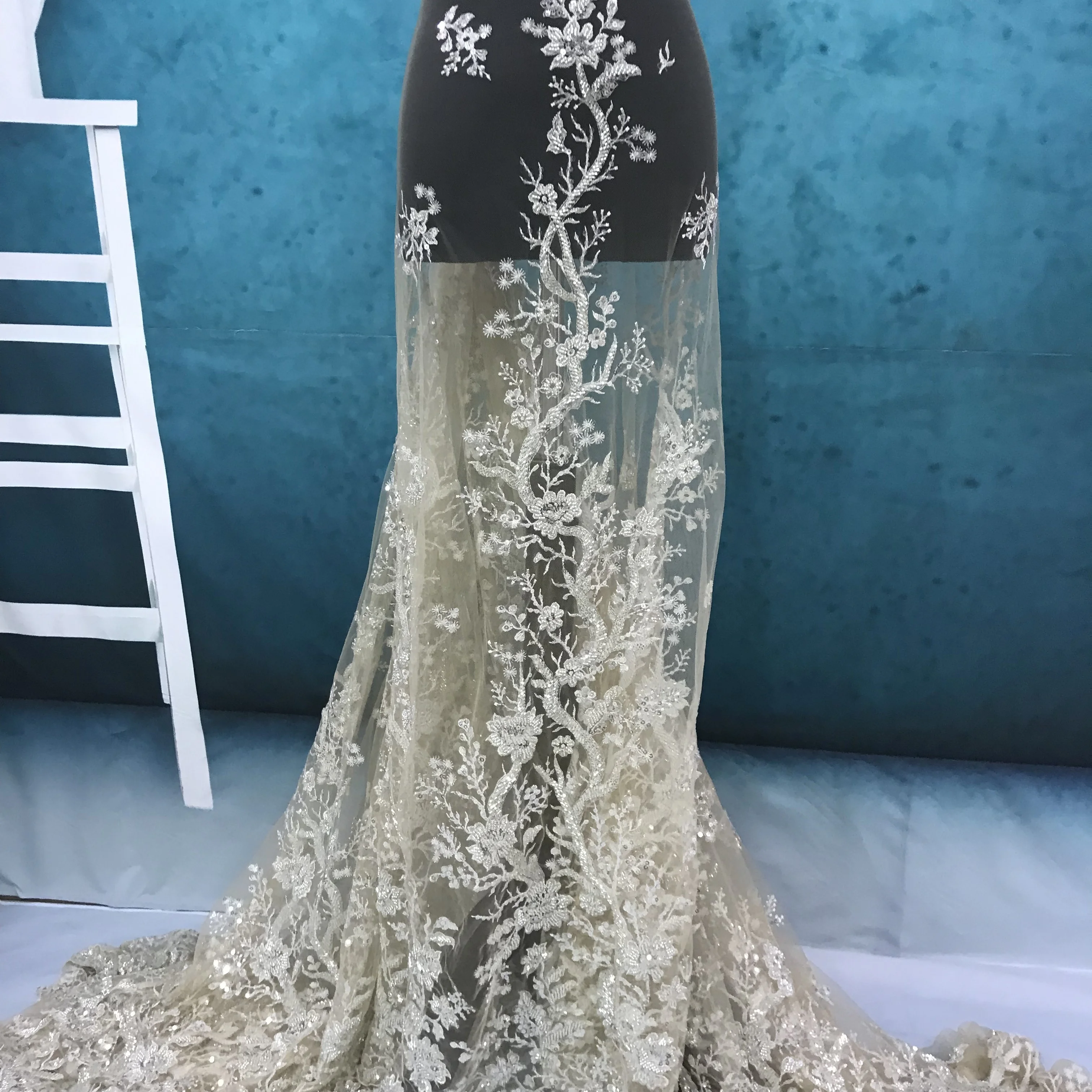 haute couture lace fabric encrusted beads design in stock