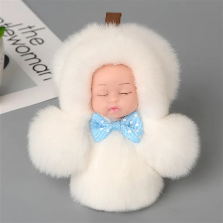 Factory wholesale lovely sleeping baby shape rex rabbit fur key chain plush doll keychain