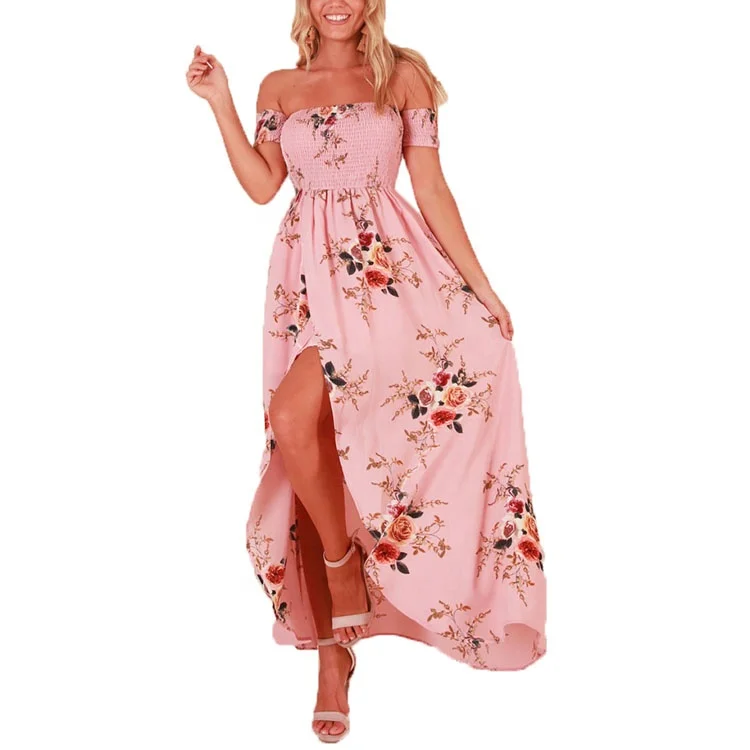 2019 New arrivals wholesale clothes pink lady floral maxi dress