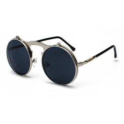 New style custom logo circle rockpunk steampunk double retro metal frame flip lens steam punk round sunglasses