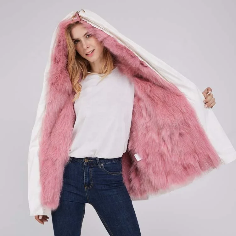 Winter Warm Ladies Real  Fox Fur Pink Lining Parka Coat with Hat