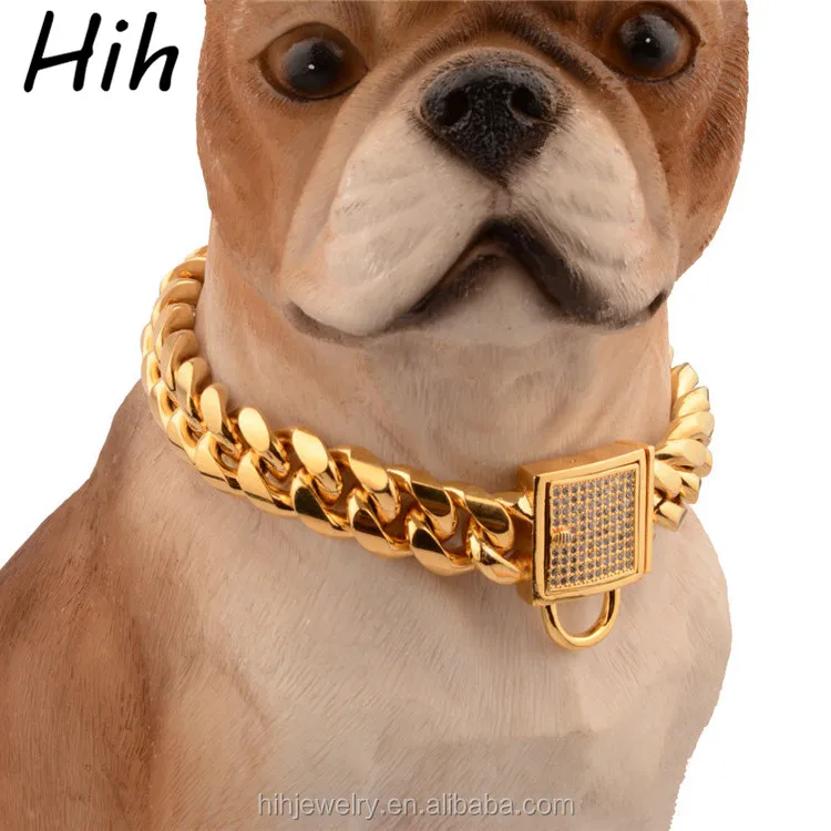 
Wholesale pet shop products luxury stainless steel gold plated choker 14MM chain dog necklace 