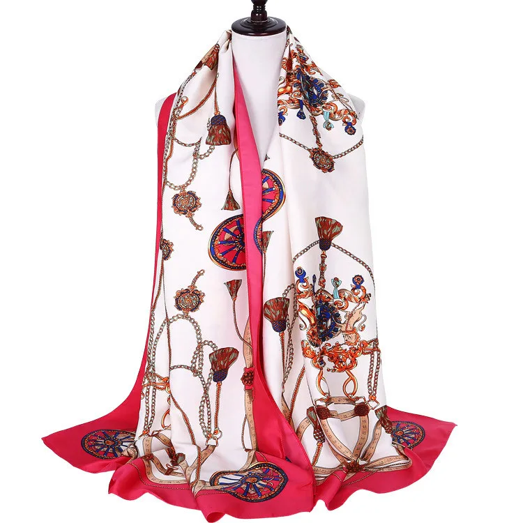 New fashion silk scarf custom red and green chain pattern printed scarves sunscreen shawl for women