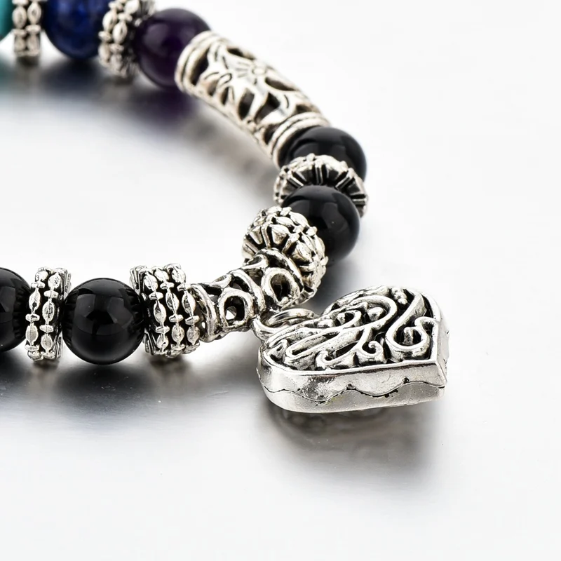 New products 2018 colorful natural stone lava bead 7 chakra bracelet heart pendant bracelet yoga nature bracelet